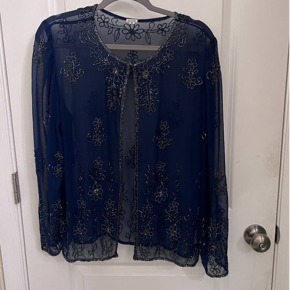 Formal Navy blue sheer Floral beaded evening M jacket Mother of the Bride Fairy